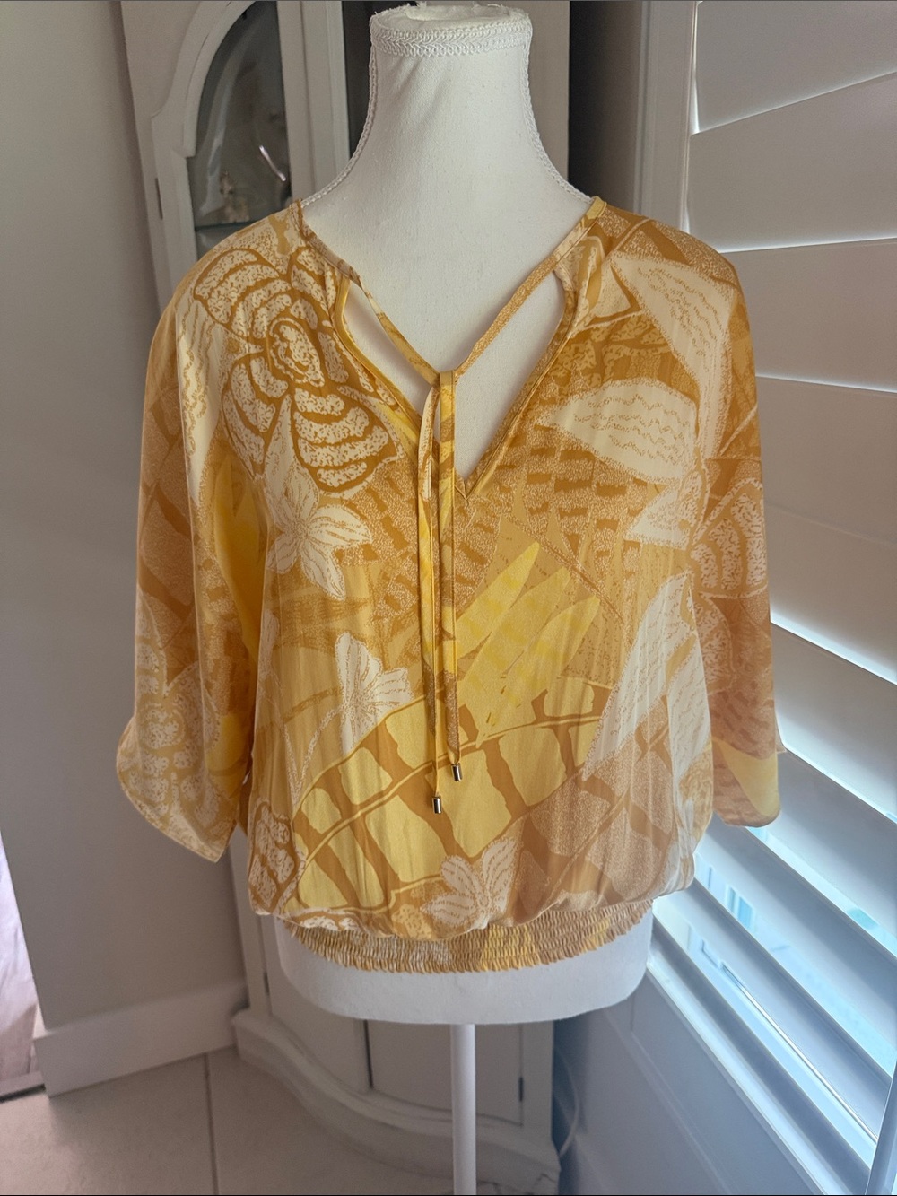 White House Black Market Yellow Floral Tie-Neck Blouse